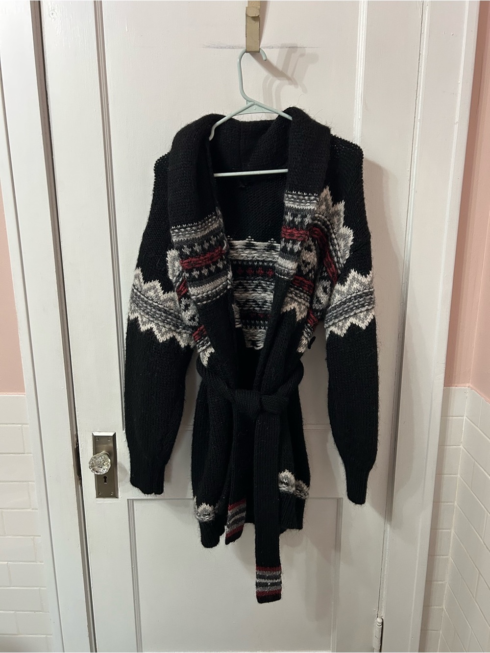 Frye Black Fair Isle Knit Cardigan with Belt